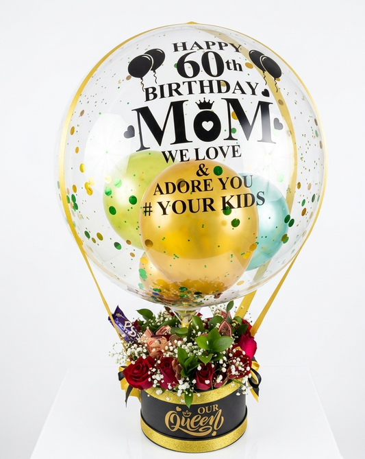 Decorative balloon with flowers inside, celebrating a 60th birthday for 'Mom'.