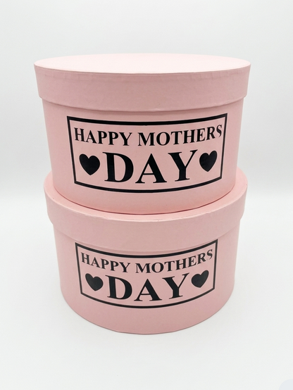 Two pink boxes with 'Happy Mother's Day' text on a white background