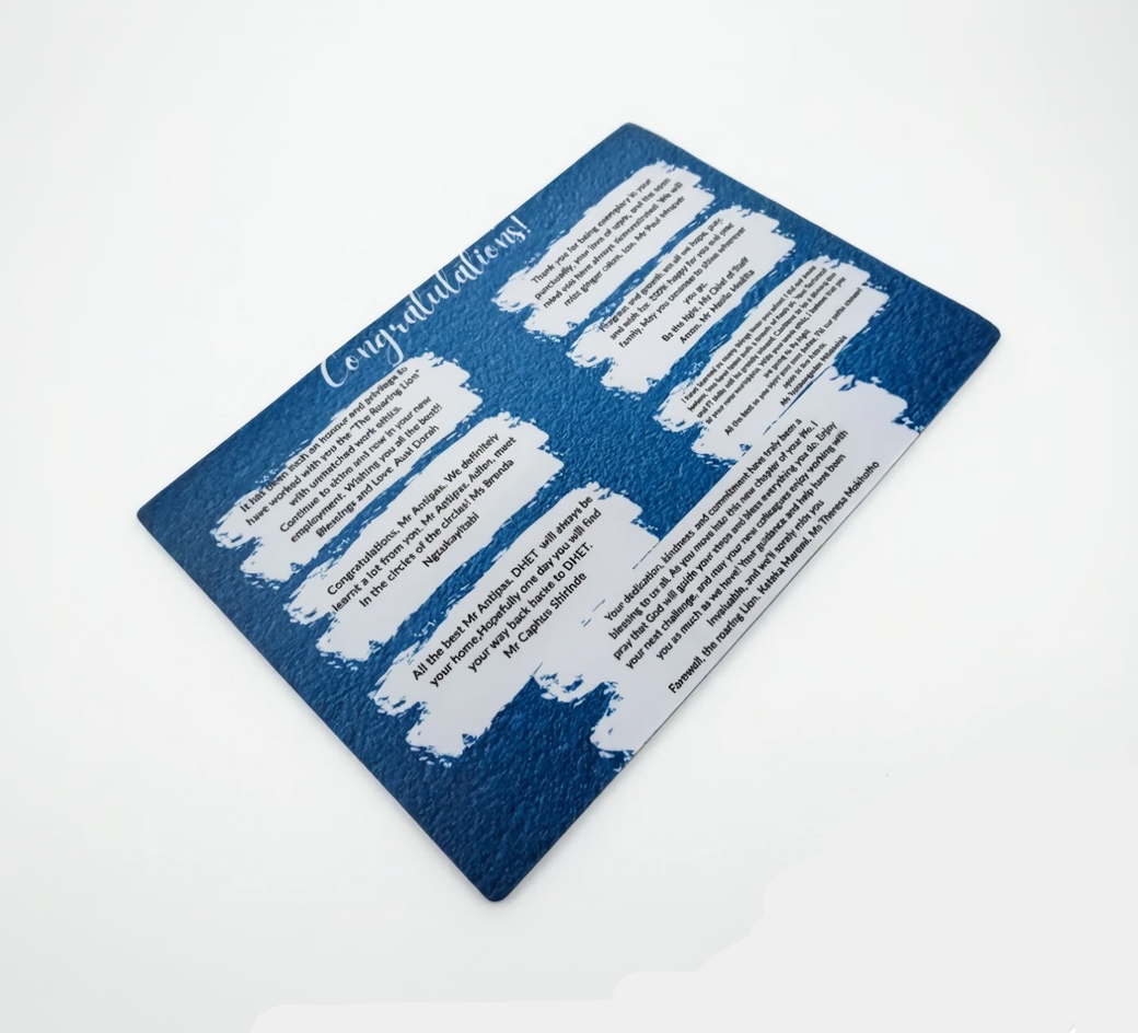 Blue and white congratulatory card with printed text on a white background