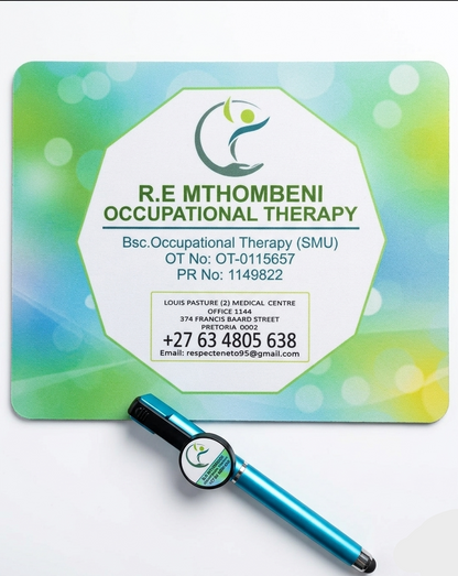 Mousepad  for R.E Mthombeni Occupational Therapy with a pen on a colorful background