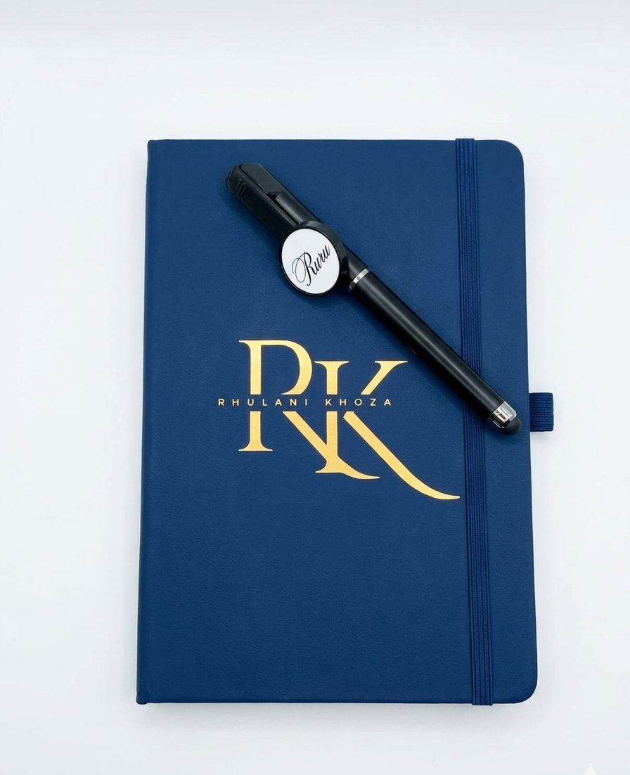 Blue notebook with gold logo and a black pen on a white background