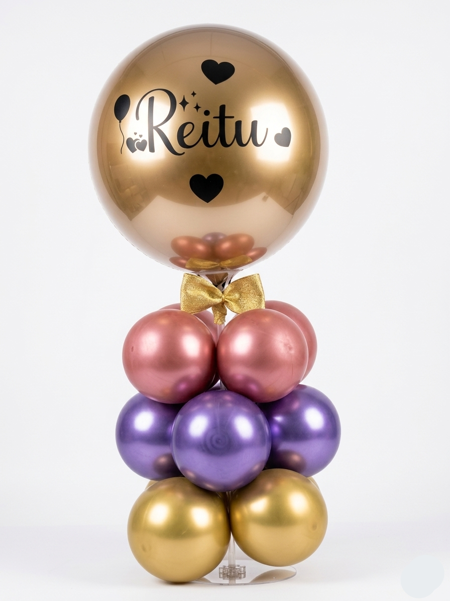 Decorative balloon arrangement with gold, pink, and purple balloons and a bow tie on a white background.
