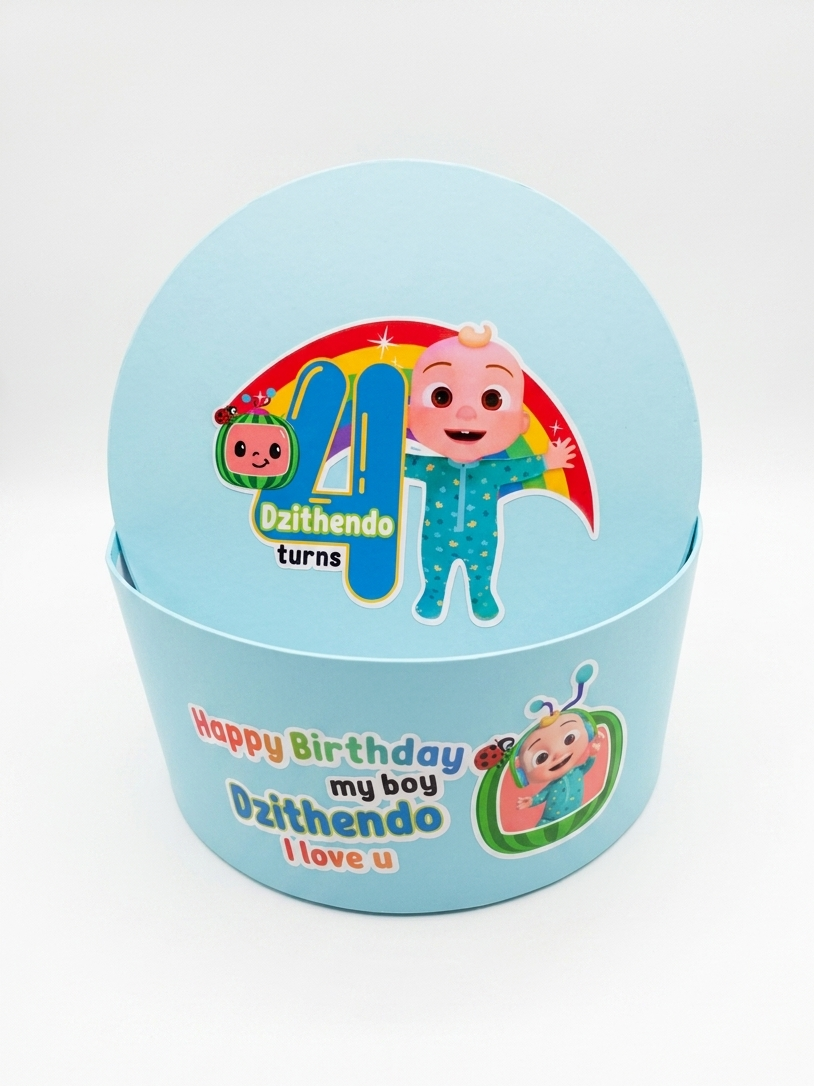 Blue birthday gift box with cartoon character and text on a white background