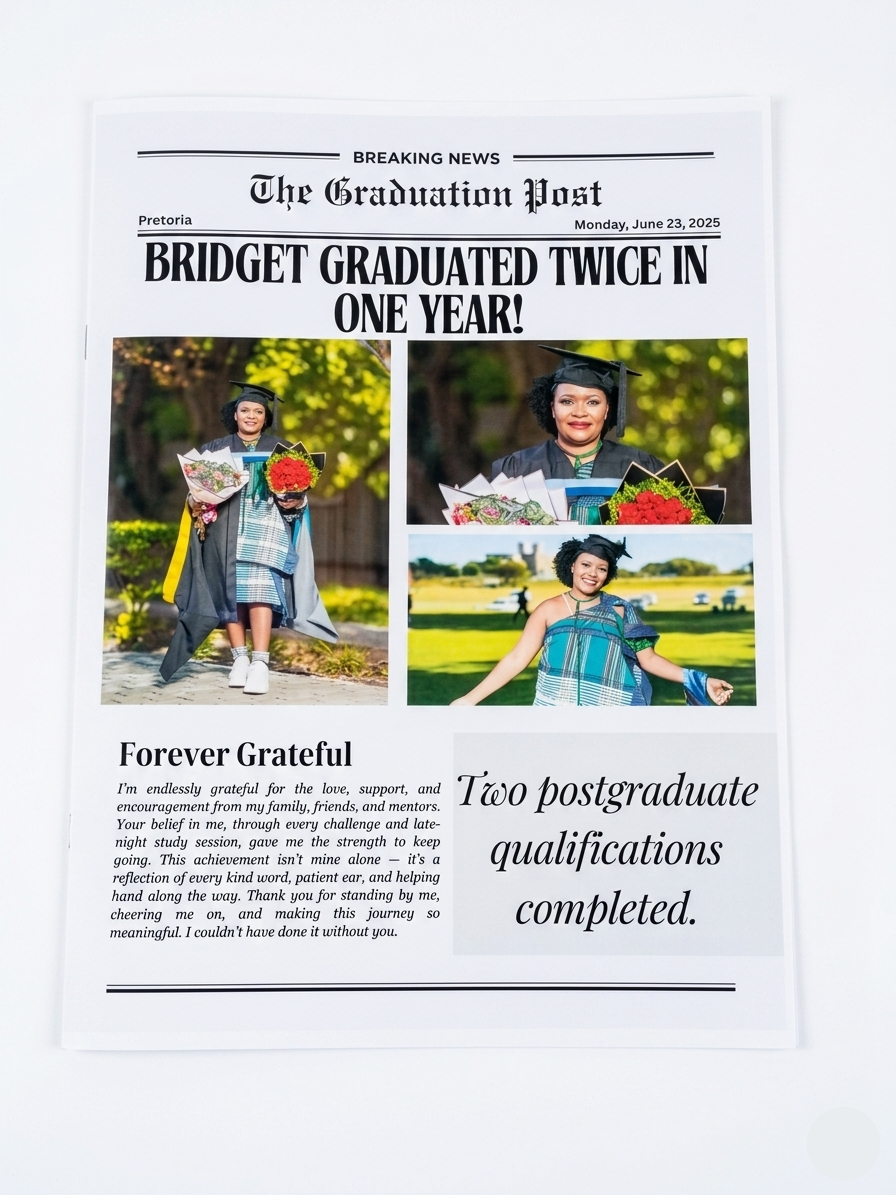 Newspaper headline about a person graduating twice in one year with images of the graduation ceremony.