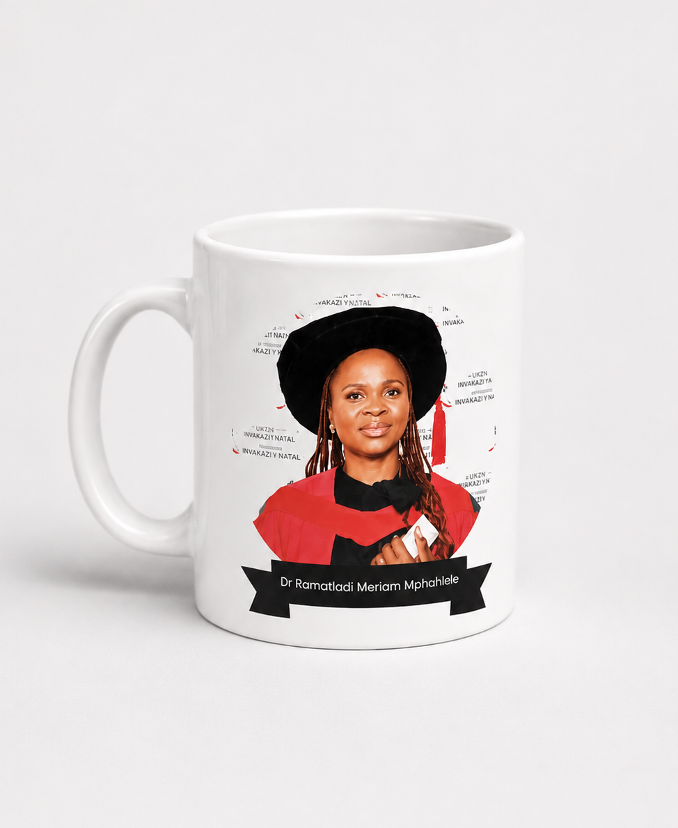 White mug with a graphic of a person in a red outfit and black hat on a white background