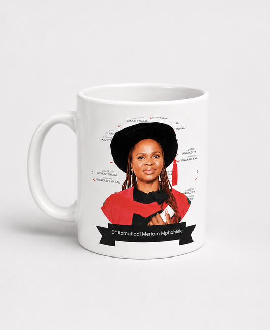 White mug with a graphic of a person in a red outfit and black hat on a white background
