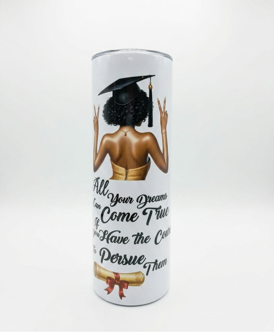 Tumbler with a design of a person in a graduation cap and gown, text, and a diploma on a white background.