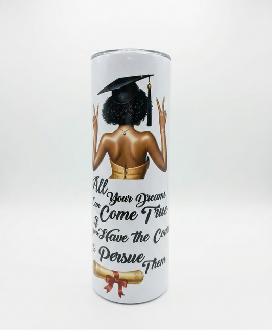 Tumbler with a design of a person in a graduation cap and gown, text, and a diploma on a white background.