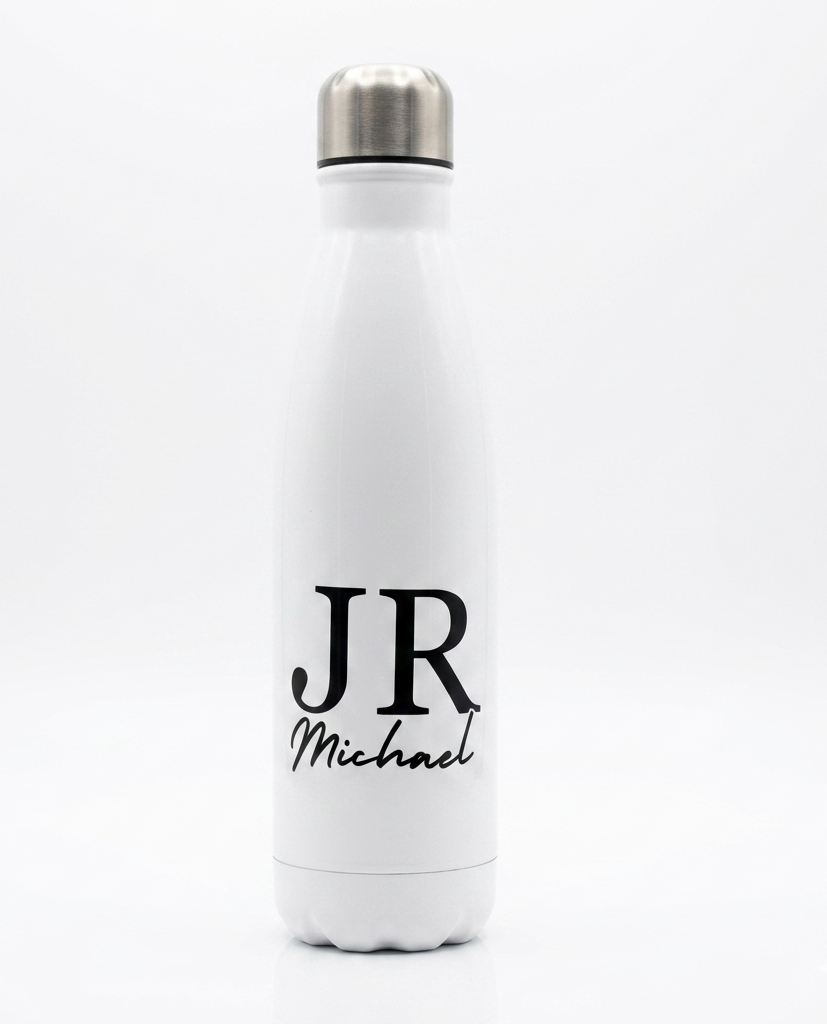 White water bottle with 'JR Michael' text on a white background