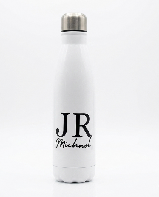 White water bottle with 'JR Michael' text on a white background