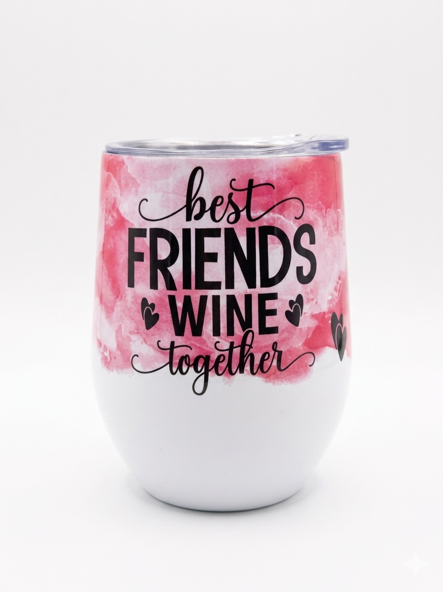 Wine tumbler with 'best friends wine together' text on a pink watercolor background
