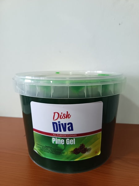 Diva Pine Gel container on a wooden surface with a white background