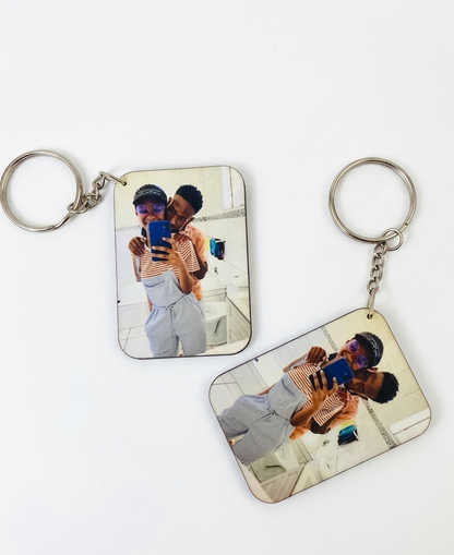 Two keychains with printed images on a white background