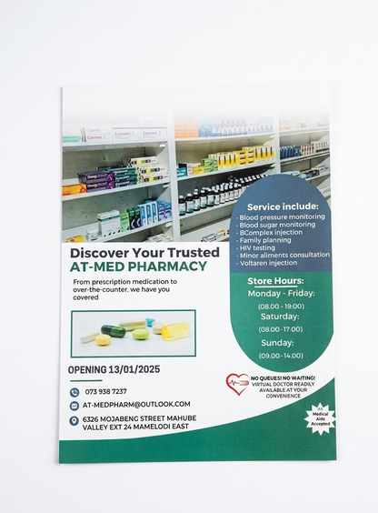 Promotional flyer for AT-MED Pharmacy with store information and services listed.