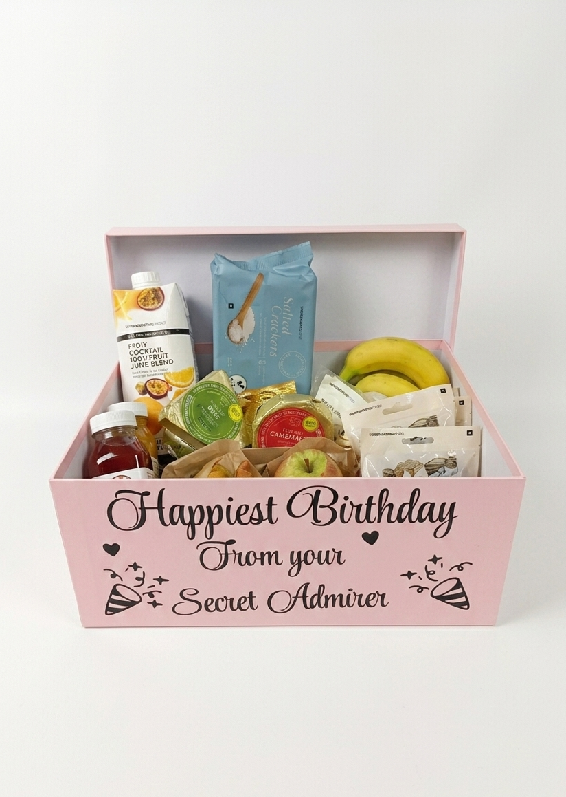 Gift basket with various items including snacks and a bottle, with 'Happiest Birthday From your Secret Admirer' text on a pink box.