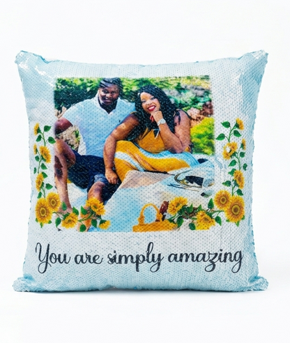 Decorative pillow with a printed photo of a couple and the text 'You are simply amazing' on a white background.
