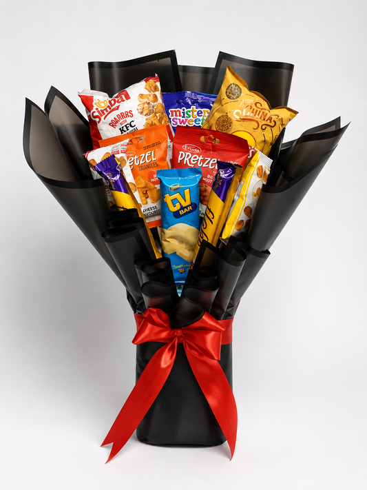 Bouquet of snack packets with a red ribbon on a white background