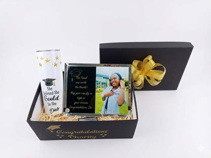 Graduation-themed gift set with photo frame, mug, and card in a decorative box.