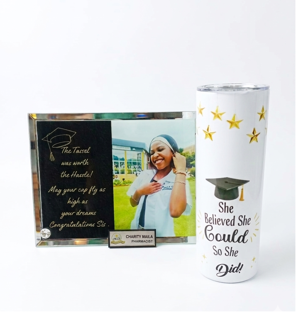 Graduation-themed tumbler and photo frame on a white background