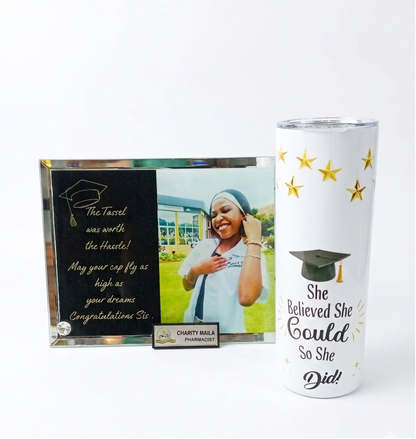 Graduation-themed tumbler and photo frame on a white background