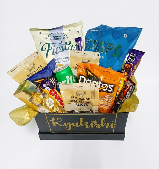 Snack box with various chips and snacks on a white background