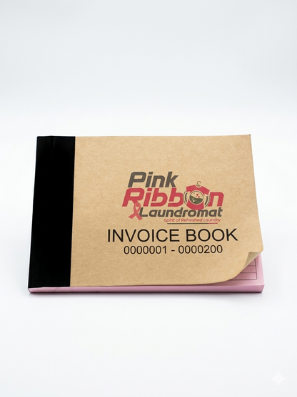 Invoice book with 'Pink Ribbon Laundromat' branding on a white background