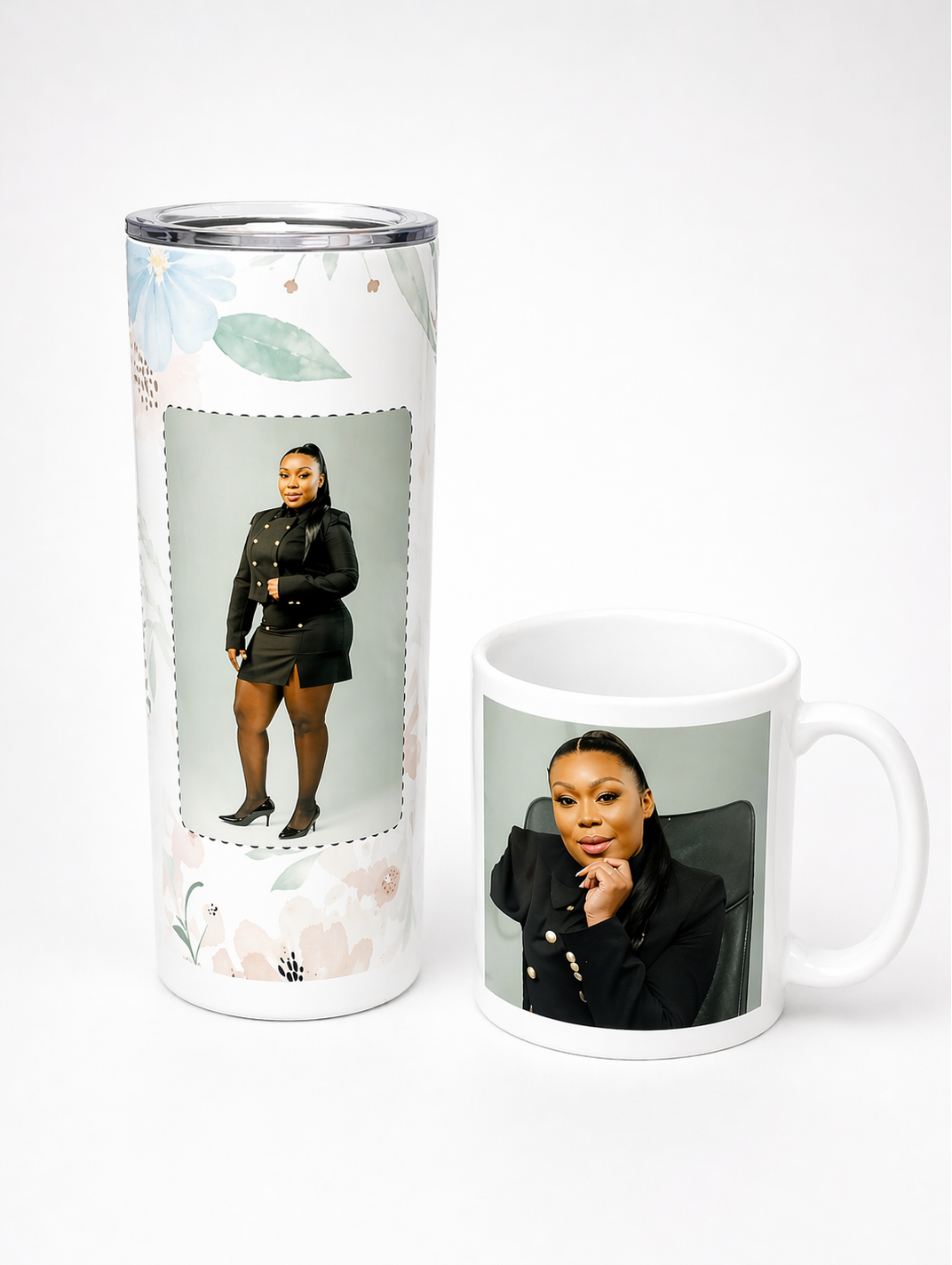 Tumbler and mug with a person's photo printed on them against a white background
