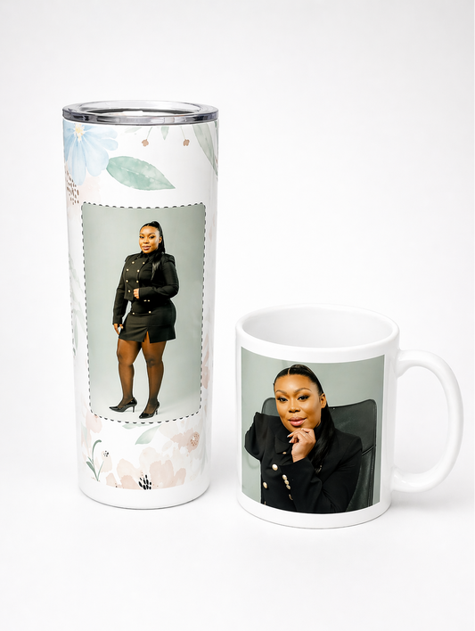 Tumbler and mug with a person's photo printed on them against a white background