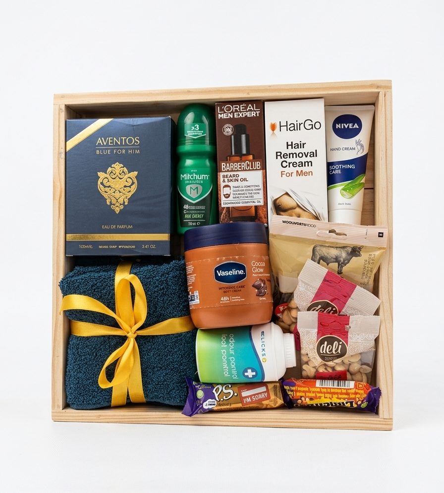 Gift basket with various items including toiletries and a pair of socks on a white background
