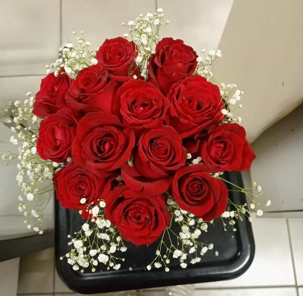 Medium Boxed red roses with Gyp: Elegance and Subtle Charm