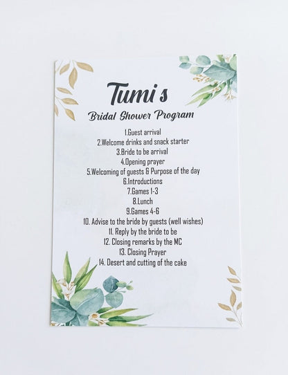 Bridal shower program with floral design on a white background