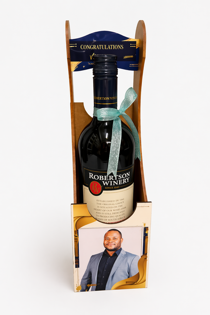 Wine bottle in a gift box with a congratulatory message and a photo of a man on a white background