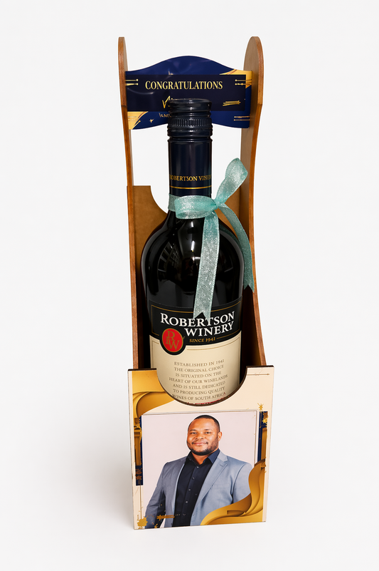 Wine bottle in a gift box with a congratulatory message and a photo of a man on a white background