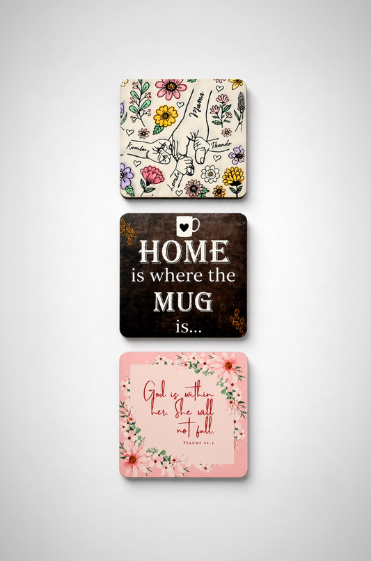 Three decorative coasters with floral designs and motivational phrases on a light gray background.
