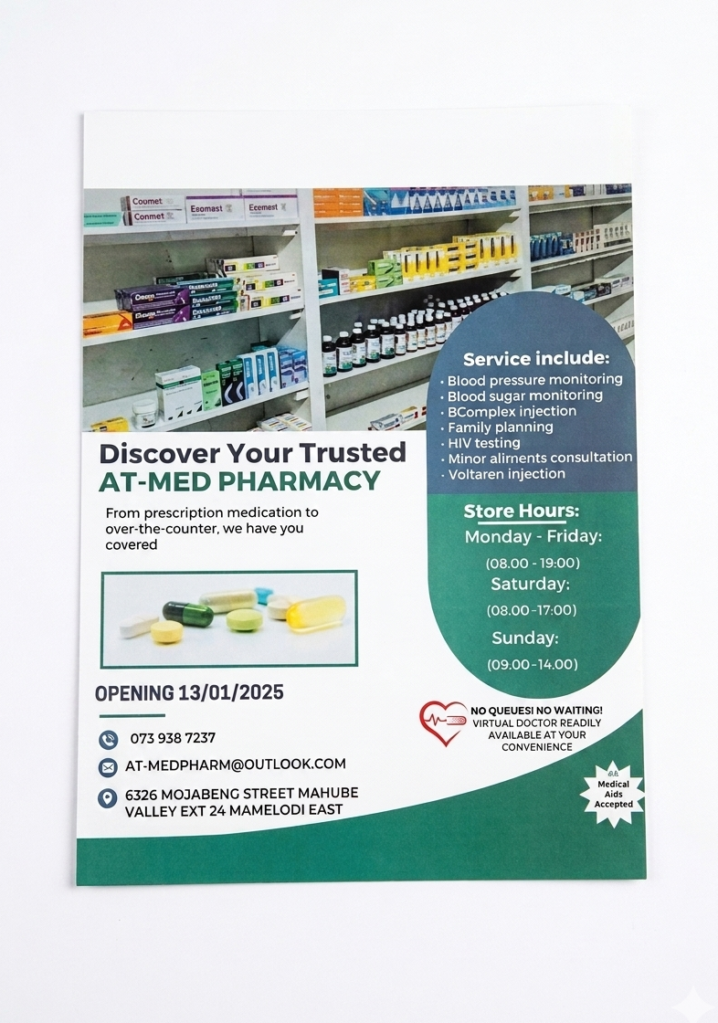 Promotional flyer for AT-MED Pharmacy with pharmacy interior and contact information.