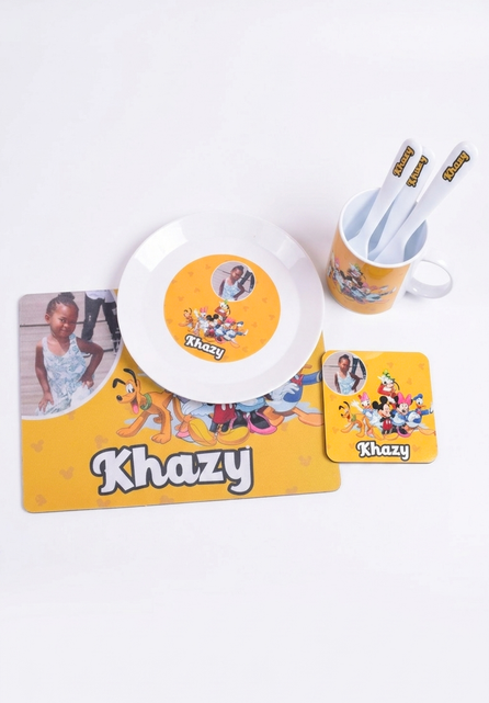 Children's tableware set with 'Khazy' branding on a white background