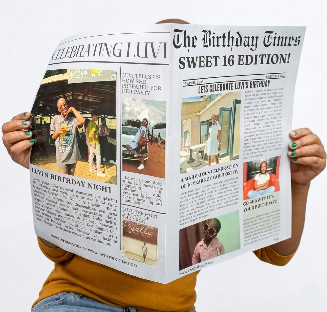 Person holding a newspaper titled 'The Birthday Times Sweet 16 Edition' celebrating LUVI's birthday.