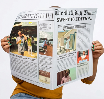 Person holding a newspaper titled 'The Birthday Times Sweet 16 Edition' celebrating LUVI's birthday.