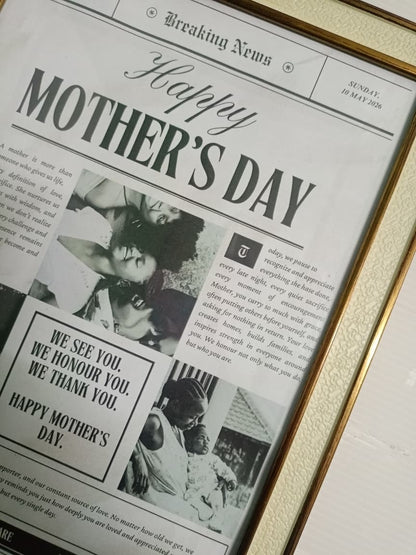 Newspaper with Mother's Day headlines and images, framed with gold trim.