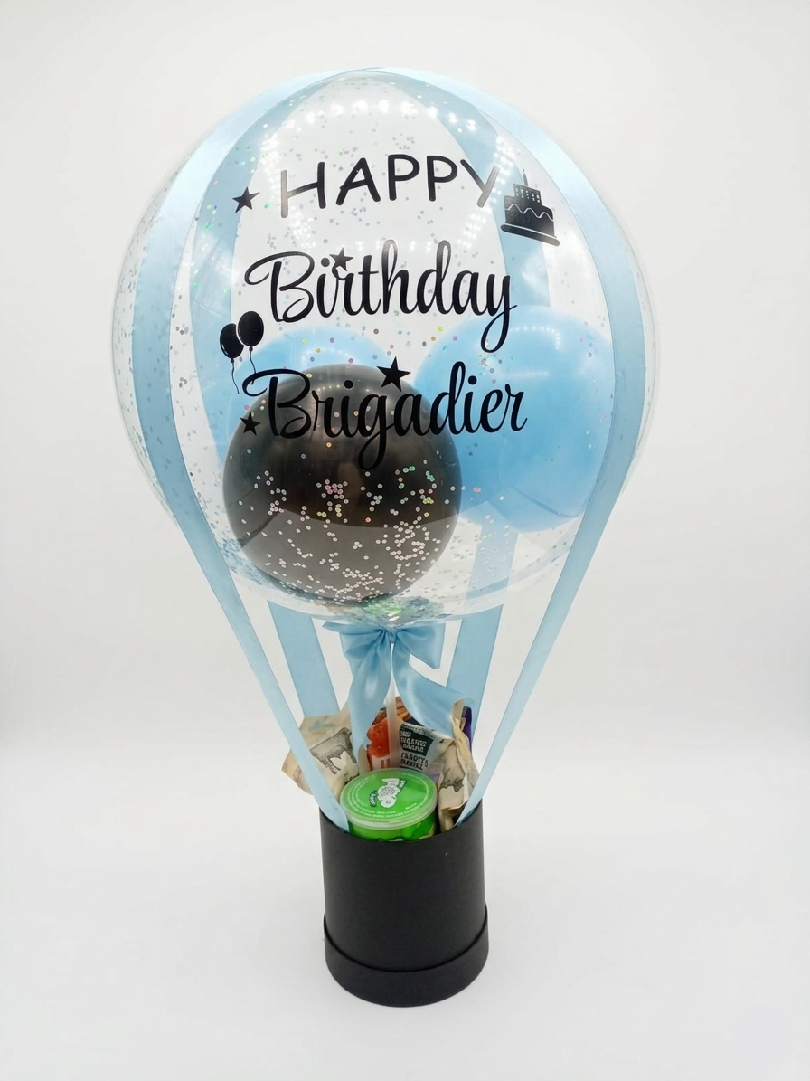 Decorative balloon with 'Happy Birthday Brigadier' text on a white background