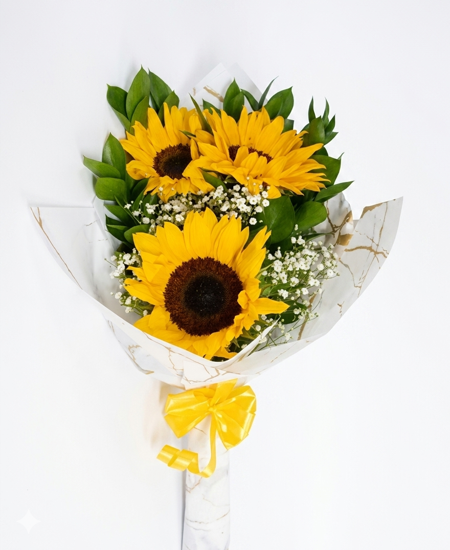 Bouquet of  wrapped in white paper with a decorative bow on a light background